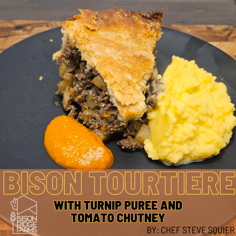 Bison Tourtiere with Turnip Puree and Tomato Chutney